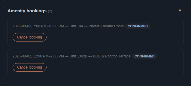 Manager dashboard showing confirmed amenity bookings