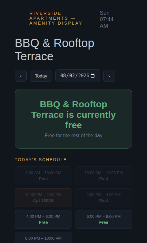 Amenity kiosk display showing live BBQ area availability