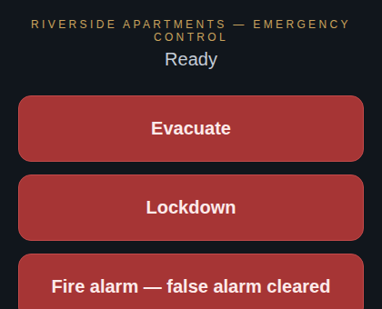 Emergency control screen with Evacuate and Lockdown buttons