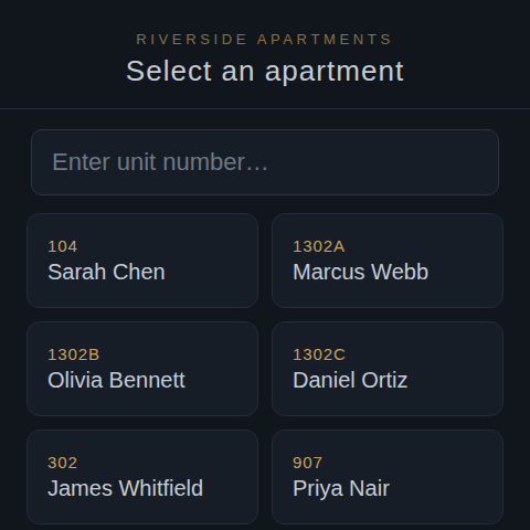 Tablet intercom directory showing apartment numbers and resident names