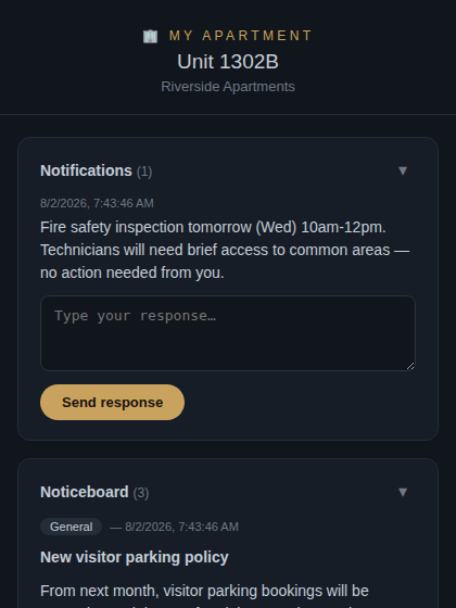 Resident portal showing notifications and the building noticeboard