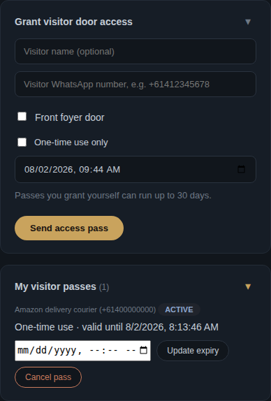 Resident portal screen for granting a visitor door access pass